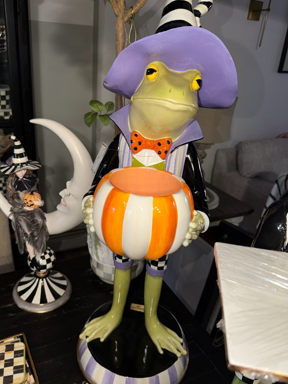 MacKenzie-Childs Purple Frog Figurine with Orange-and-White Pumpkin